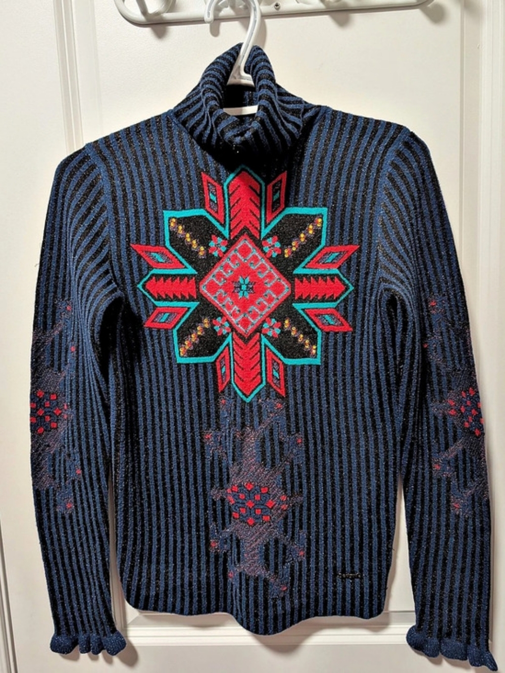 Desigual Style 18WJFXD Striped Embellished Turtleneck Sweater in Blue & Black